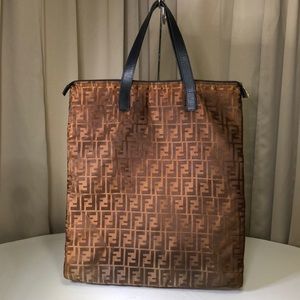 Fendi Vintage 70s Bronze Brown Nylon Leather Large Shopper Tote Carryall Handbag